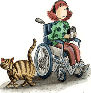 Illustration: A girl with wheelchair reading the talking book beside the cat