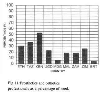 Fig.11: Prosthetics and orthotics professionals as a percentage of need.