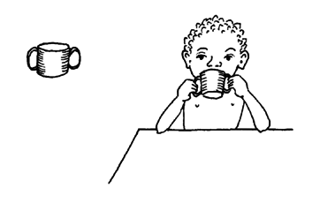 A child who has trouble controlling a cup with one hand