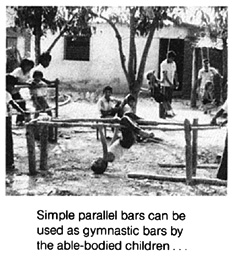 Simple parallel bars can be used as gymnastic bars by the able-bodied children