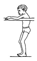 A child who tends to slump forward may be helped to stand straighter if the bar is high, so that he has to stand straighter to rest his arms on it.