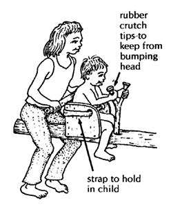 rubber crutch tips to keep from bumping head (strap to hold in child)