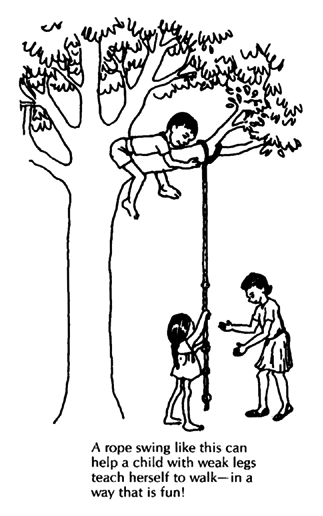 A rope swing like this can help a child with weak legs teach herself to walk