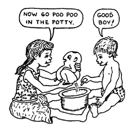 A child gets 'toilet training' from his mother.
