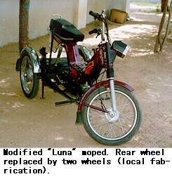 Modified 'Luna' moped. Rear wheel replaced by two wheels (local fabrication).