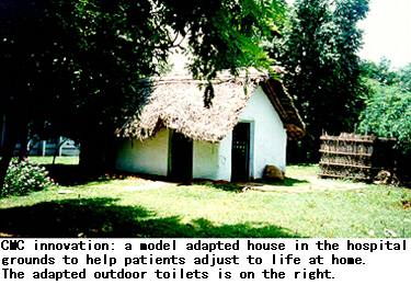 CMC innovation: a model adapted house in the hospital grounds to help patients adjust to life at home. The adapted outdoor toilet is on the right.