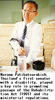 Narong Patibatsarakich, Thailand's first senator with a disability, played a key role in promoting passage of the Rehabilitation Act (1991) and its ministerial regulations.