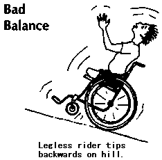Legless rider tips backwards on hill.