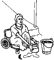 A woman with ground mobility device is washing dishes.