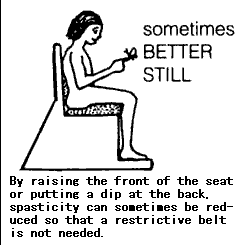 sometimes better still: By raising the front of the seat or putting a dip at the back, spasticity can sometimes be reduced so that a restrictive belt is not needed.
