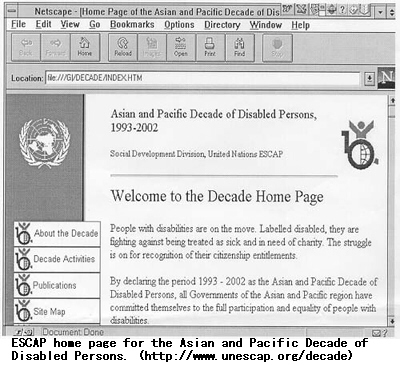 ESCAP home page for the Asian and Pacific Decade of Disabled Persons. (http://www.unescap.org/decade)