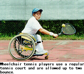 Wheelchair tennis players use a regular tennis court and are allowed up to two bounce.