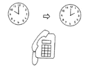 時計が2つありそれぞれ午前１０時と午後2時をさしている。及び電話のイラスト。