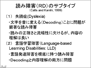 読み障害(RD)のサブタイプ(Catts and Kamhi,1999)1.失語症(Dyslexia)・文字を音に変える(Decooding)ことに問題が顕著な読み障害・読みの正確さと流暢性に欠けるが、内容の理解は良い　2.言語学習障害（Language-based Learning Disabilities:(LD)・言語発達障害を根底に持つ読み障害・Decodingと内容理解の両方に問題