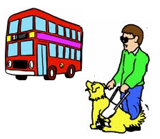 絵：盲導犬を連れた視覚障害者とバス