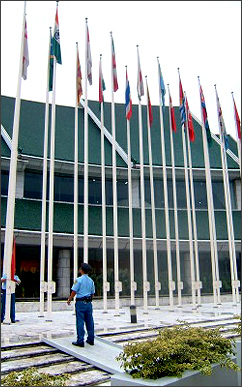 ワークショップ会場の前、国連加盟国各国の国旗が掲げられている。