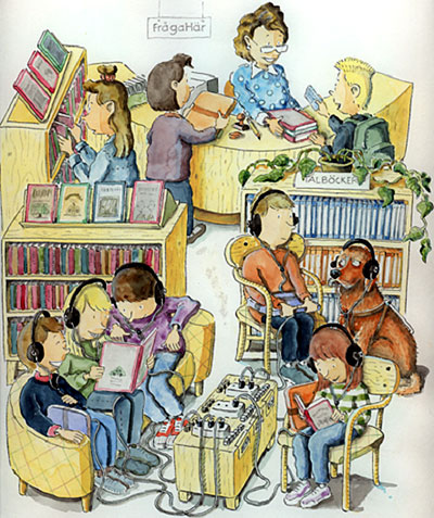 Illustration: At the Children's department, some children read the talking books and others borrow the books