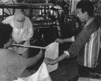 Martin helped Mari cut strips of a soft towel.