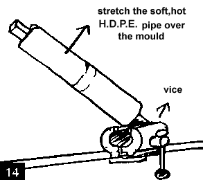 Figure 14. After vice the item, stretch the soft, hot HDPE pipe over the mould.