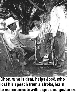 Chon, who is deaf, helps Josés, who lost his speech from a stroke, learn to communicate with signs and gestures.