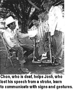 Chon, who is deaf, helps Joses, who lost his speech from a stroke, learn to communicate with signs and gestures.