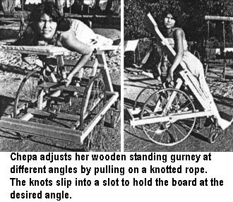 Chepa adjusts her wooden standing gurney at different angles by pulling on a knotted rope. The knots slip into a slot to hold the board at the desired angle.