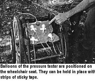 Balloons of the pressure tester are positioned on the wheelchair seat. They can be held in place with strips of sticky tape.