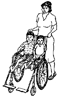 2 kids on the big wheelchair.