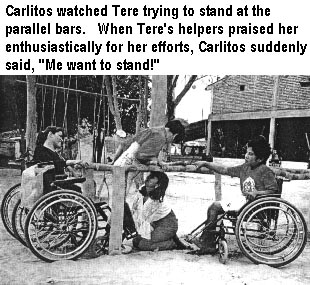 Carlitos watched Tere trying to stand at the parallel bars. When Tere's helpers praised her enthusiastically for her efforts, Carlitos suddenly said, Me want to stand!