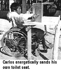 Carlos energetically sands his own toilet seat.