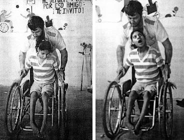 Inez would hold her wrists and push them forward, helping Aides to move the chair.