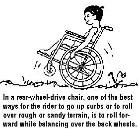 In a rear-wheel-drive chair, one of the best ways for the rider to go up curbs or to roll over rough or sandy terrain, is to roll forward while balancing over the back wheels.