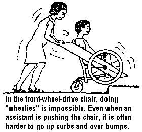 In the front-wheel-drive chair, doing "wheelies" is impossible. Even when an assistant is pushing the chair, it is often harder to go up curbs and over bumps.