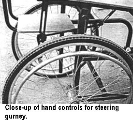Close-up of hand controls for steering gurney.