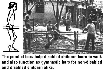 The parallel bars help disabled children learn to walk and also function as gymnastic bars for non-disabled and disabled children alike.