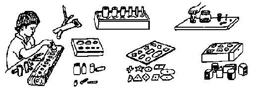 Puzzles for learning relative sizes, shapes, and colors, and for learning numbers and letters.