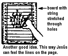 Board with string stretched through holes, This way Jesús can feel the lines on the page.