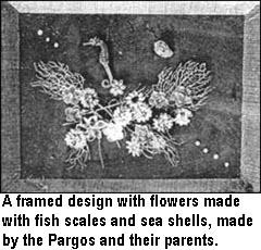 A framed design with flowers made with fish scales and sea shells, made by the Pargos and their parents.