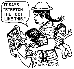 A mother explain the book to her girl: It says 'Stretch the foot like this.'