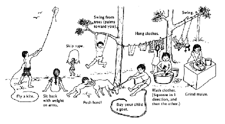 Exercises in work and play ( Fly a kite. Sit back with weight on arms. Skip rope. Swing from trees (palms toward you). Push hard! Swing from trees (palms toward you). Buy your child a goat. Hang clothes. Wash clothes. (Squeeze in 1 direction, and then the other.) Swing. Grind maize.