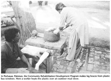 In Peshawar, Pakistan, the Community Rehabilitation Development program makes leg braces from plastic bus windows,