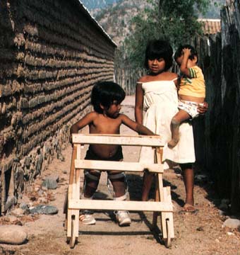 A disabled child with his wheeled walker.