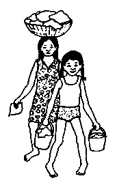 Coming back from the river, Maricela walked and helped her mother carry back the washed clothes.