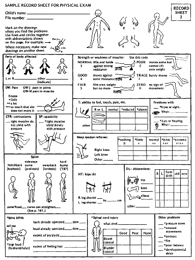 Sample record sheet for physical exam.