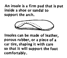 An insole is a firm pad that is put inside a shoe or sandal to support the arch. Insoles can be made of leather, porous rubber, or a piece of a car tire, shaping it with care so that it will support the foot comfortably.
