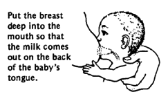 Put the breast deep into the mouth so that the milk comes out on the back of the baby's tongue.