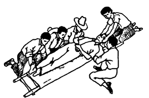 With the help of everyone, place the injured person carefully on the stretcher.