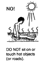 DO NOT sit on or touch hot objects.