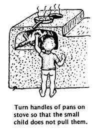 Turn handles of pans on stove so that the small child does not pull them.