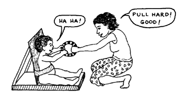 To help strengthen grip, play 'tug-of-war' with the child.